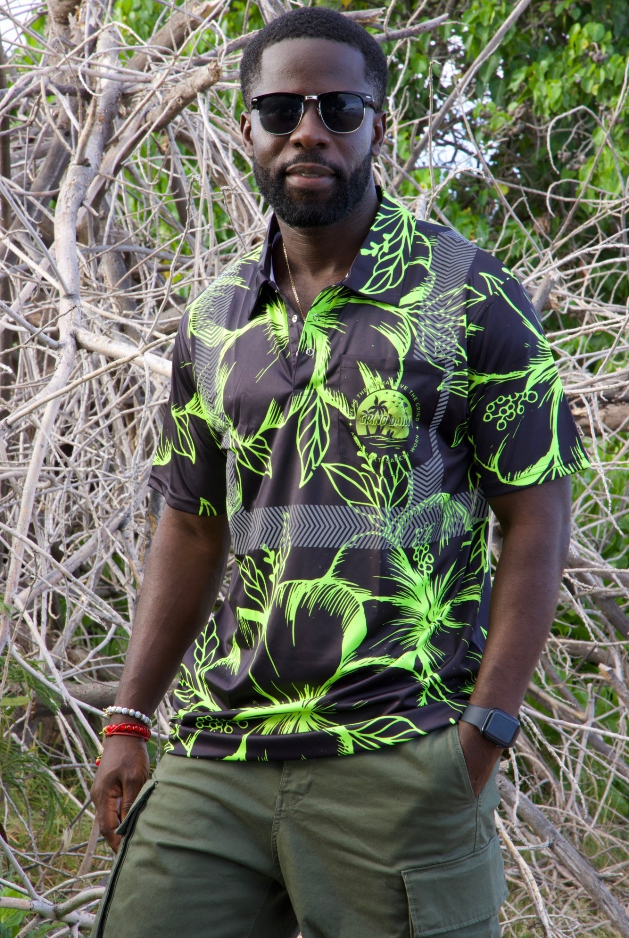 Black & Green Hibiscus Reflective Polo