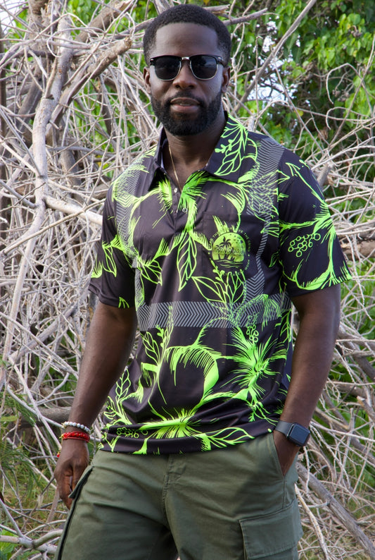 Black & Green Hibiscus Reflective Polo