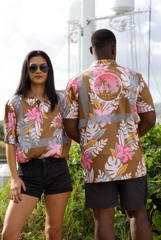 Maile Monstera Palapalai Plumeria Lei Reflective Polo - Brown