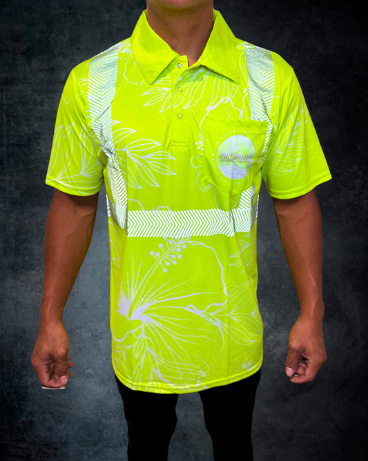 Fluorescent Yellow Hibiscus Reflective Polo