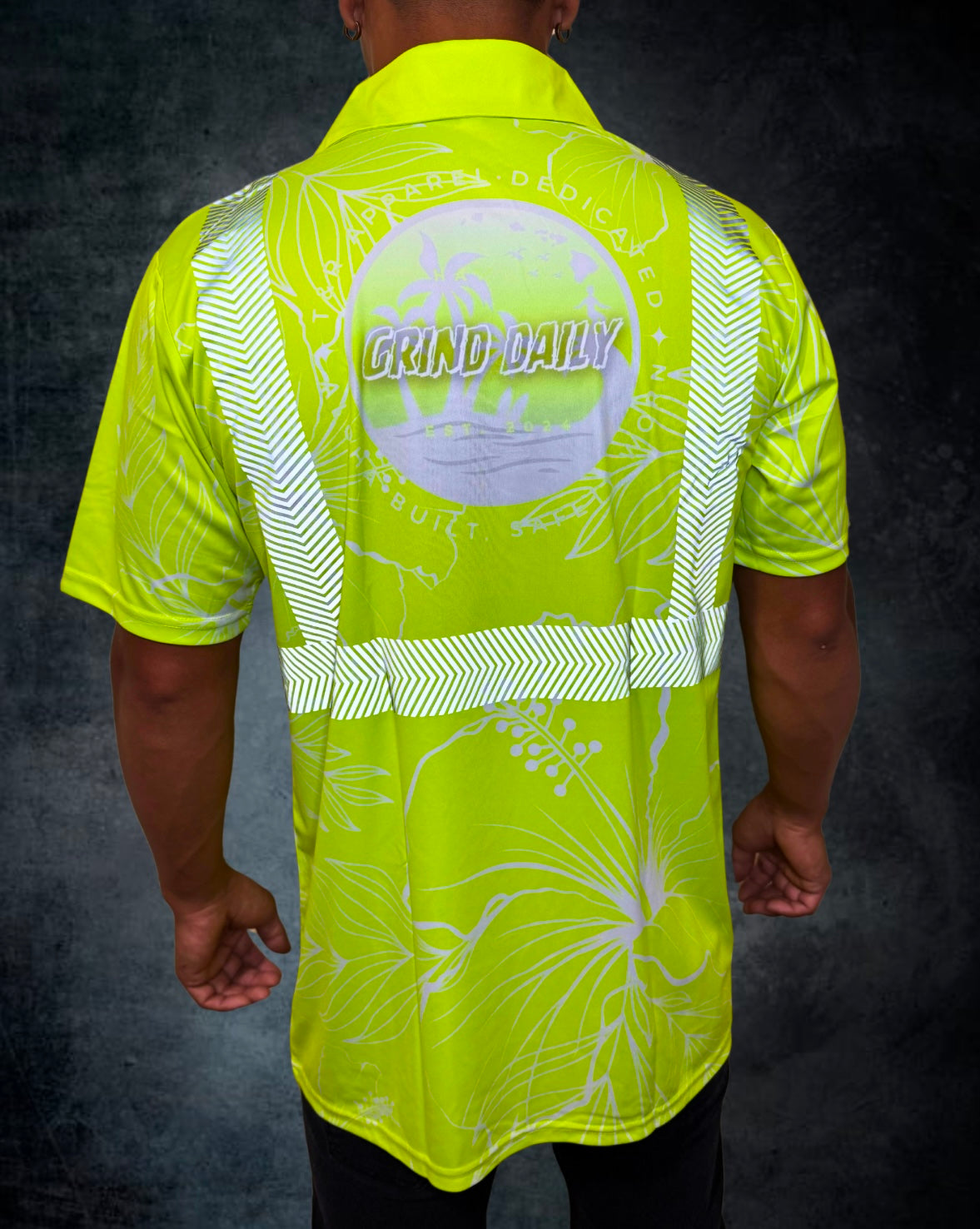 Fluorescent Yellow Hibiscus Reflective Polo