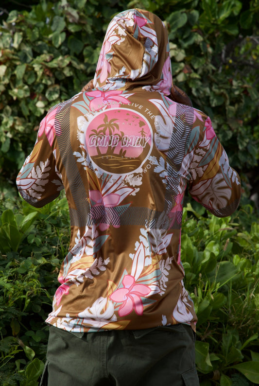 Maile Monstera Palapalai Plumeria Lei Reflective Hoodie - Brown