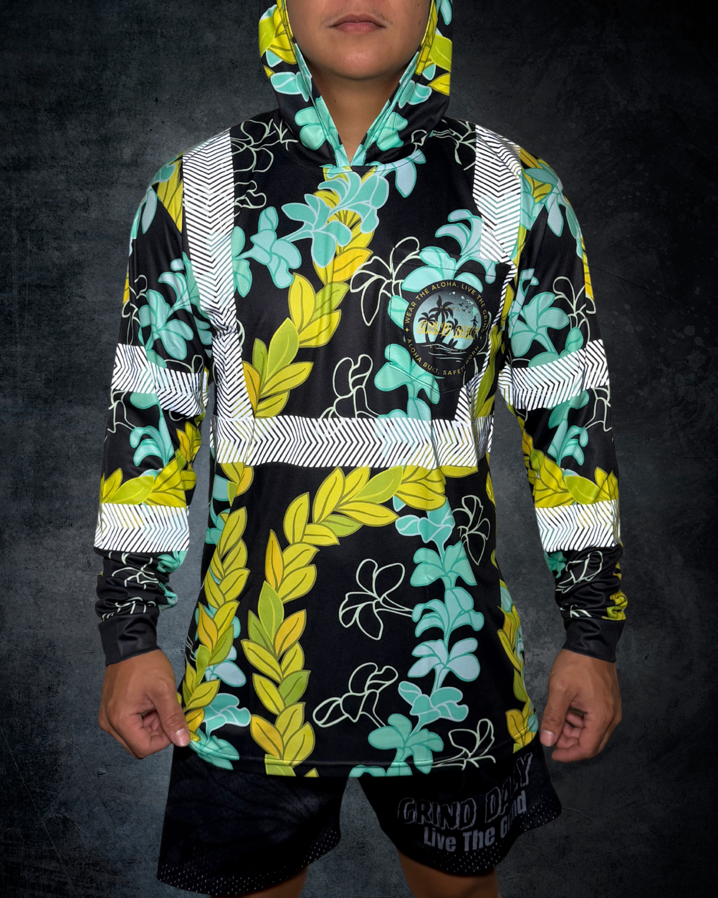 Plumeria & Maile Lei Reflective Hoodie - Black/Green/Blue