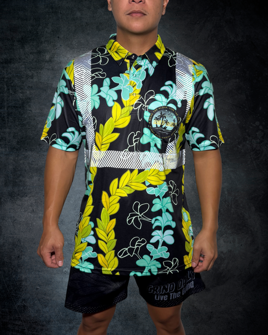 Plumeria & Maile Lei Reflective Polo - Black/Green/Blue