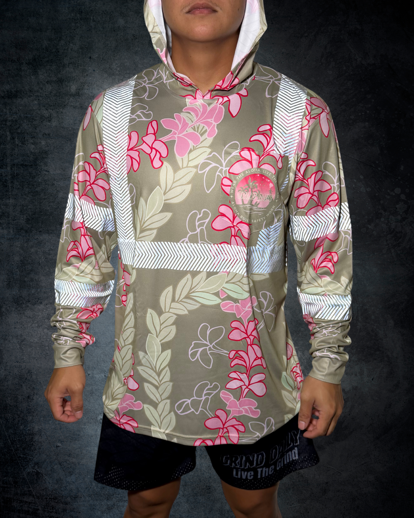 Plumeria & Maile Lei Reflective Hoodie - Green/Pink