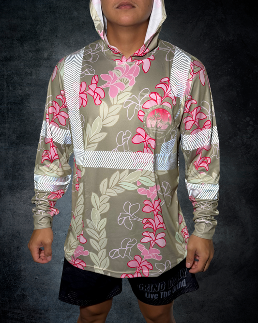 Plumeria & Maile Lei Reflective Hoodie - Green/Pink