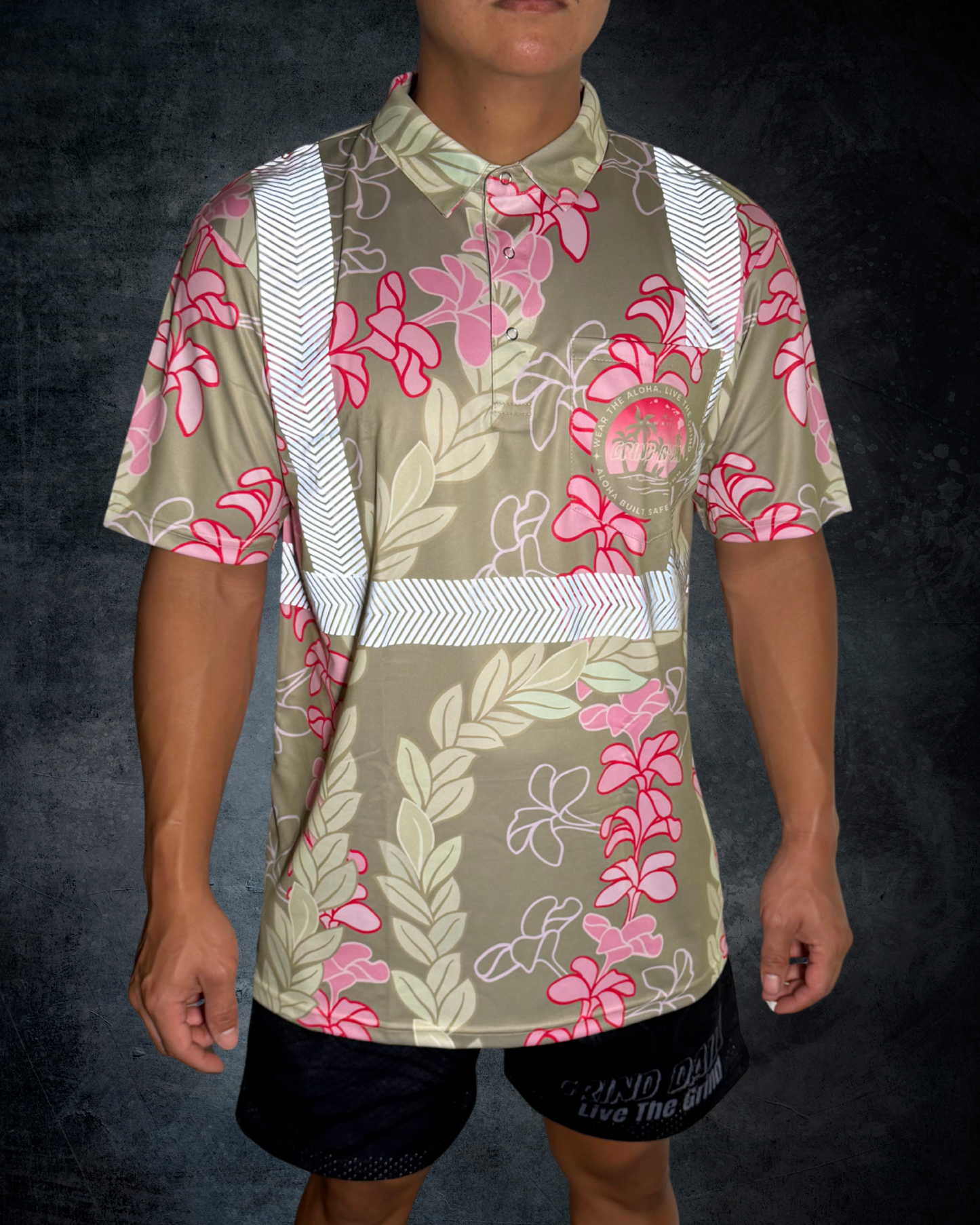 Plumeria & Maile Lei Reflective Polo - Green/Pink