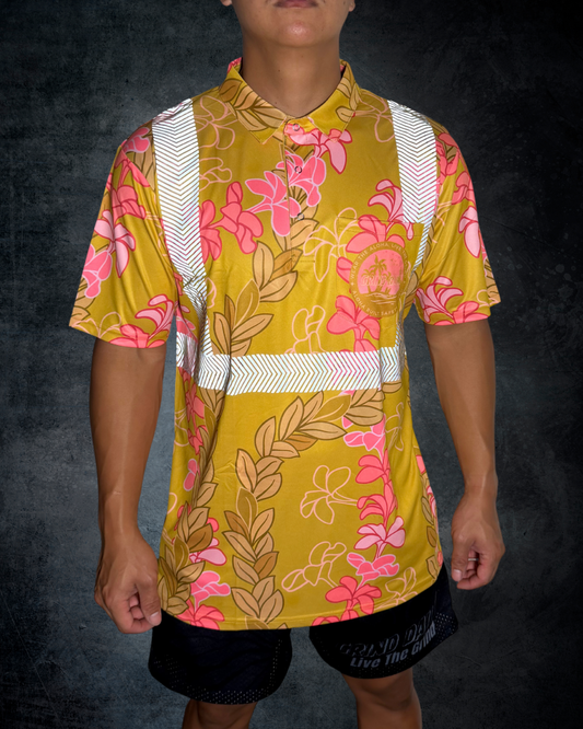 Plumeria & Maile Lei Reflective Polo - Mustard