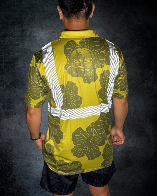 Olive Green Hibiscus Reflective Polo