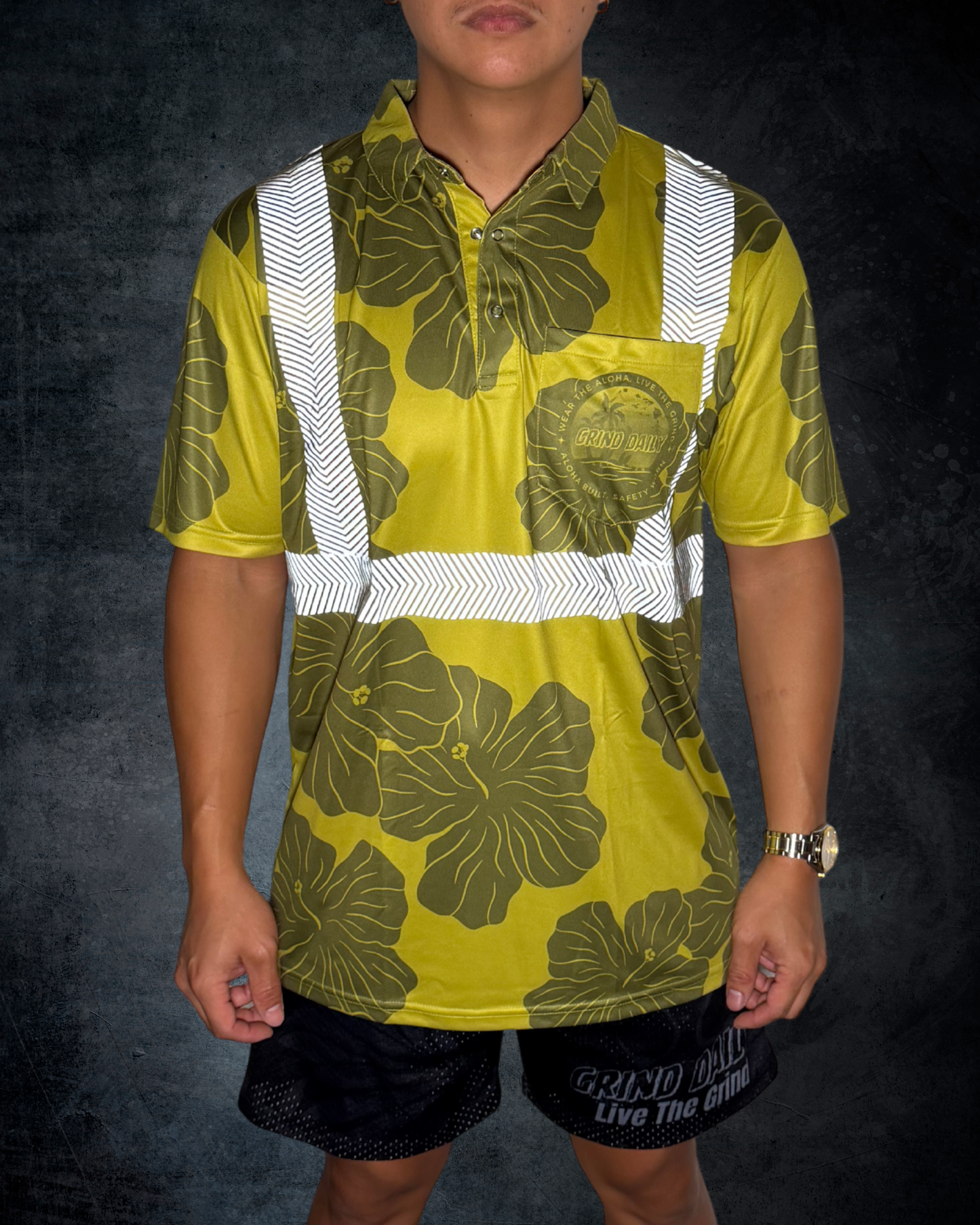 Olive Green Hibiscus Reflective Polo