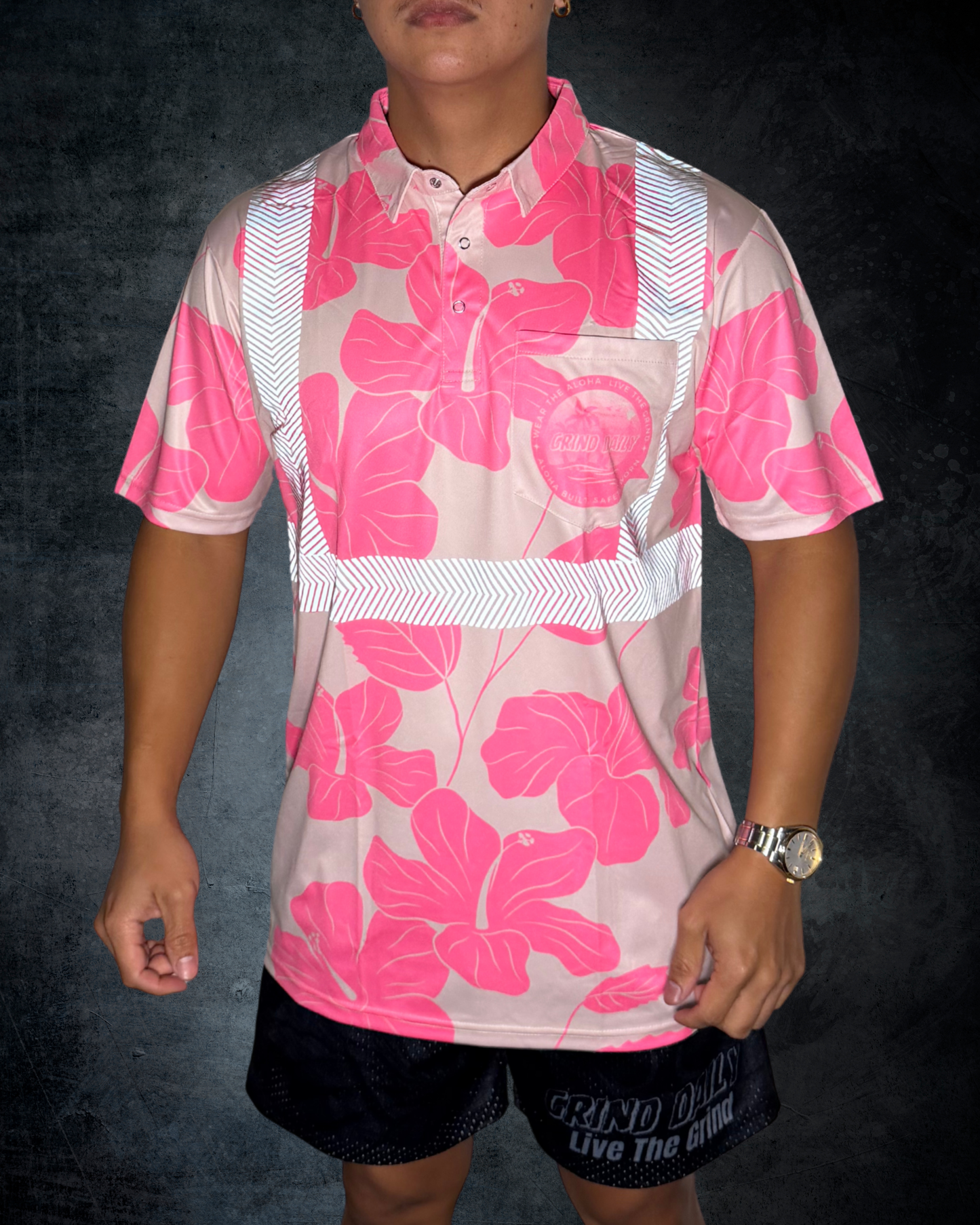 Tan & Pink Hibiscus Reflective Polo