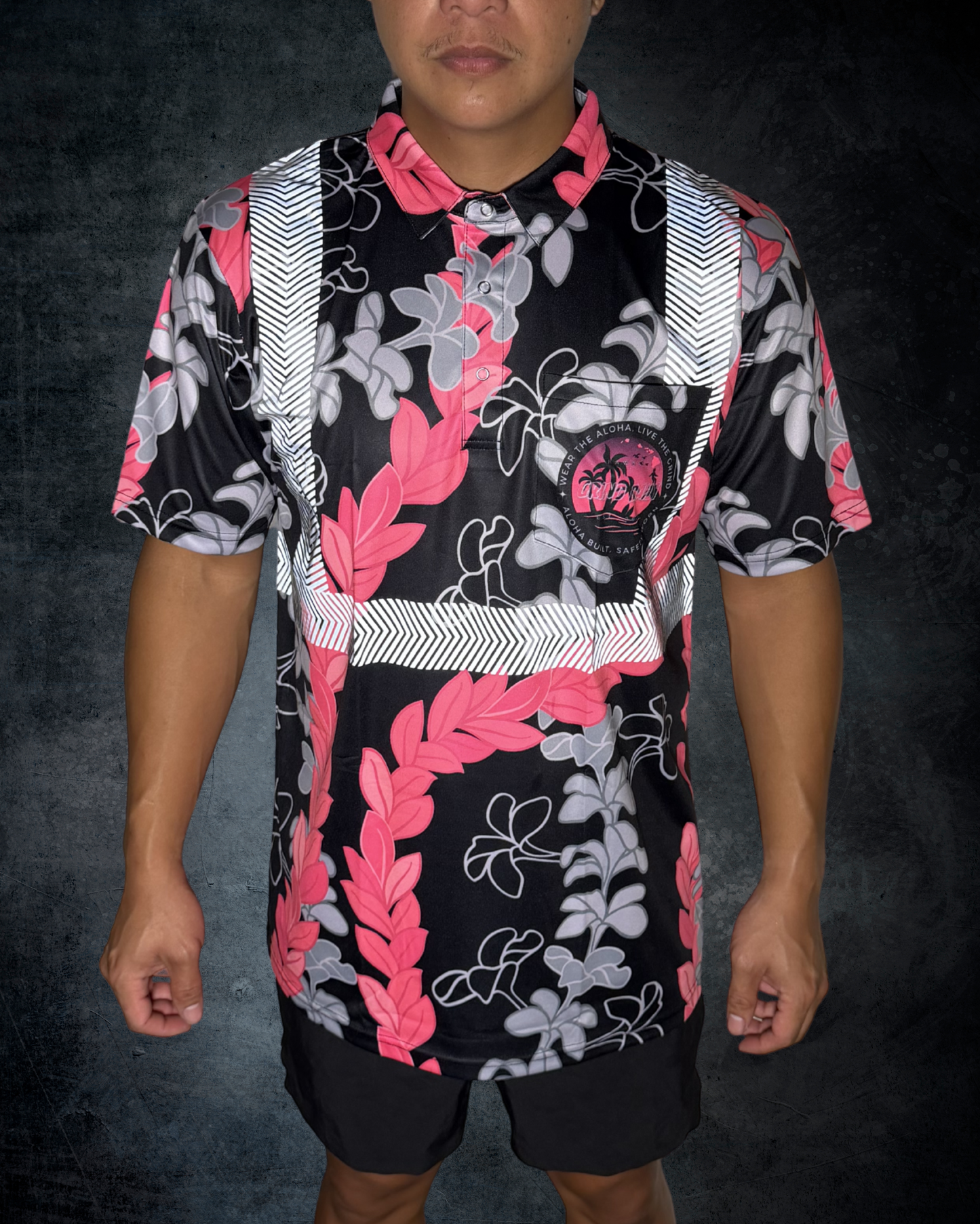 Plumeria & Maile Lei Reflective Polo - Black/Pink