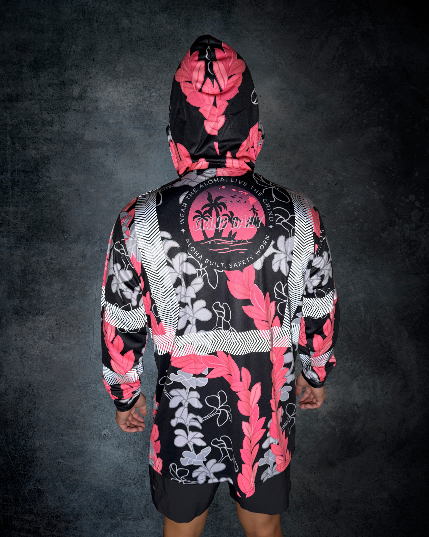 Plumeria & Maile Lei Reflective Hoodie - Black/Pink