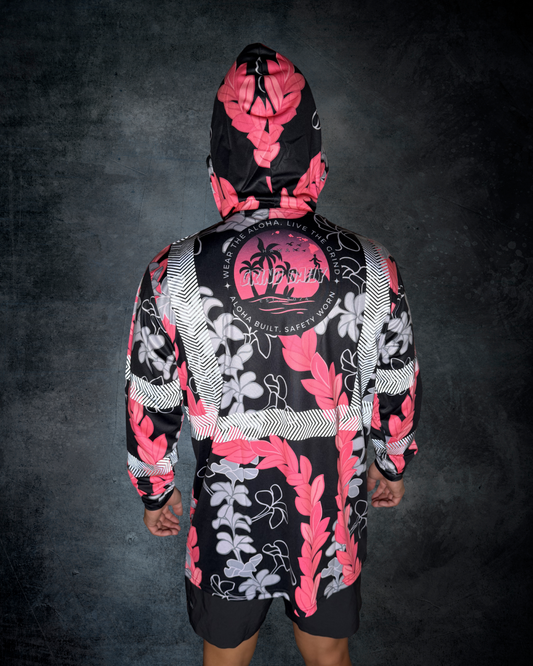 Plumeria & Maile Lei Reflective Hoodie - Black/Pink