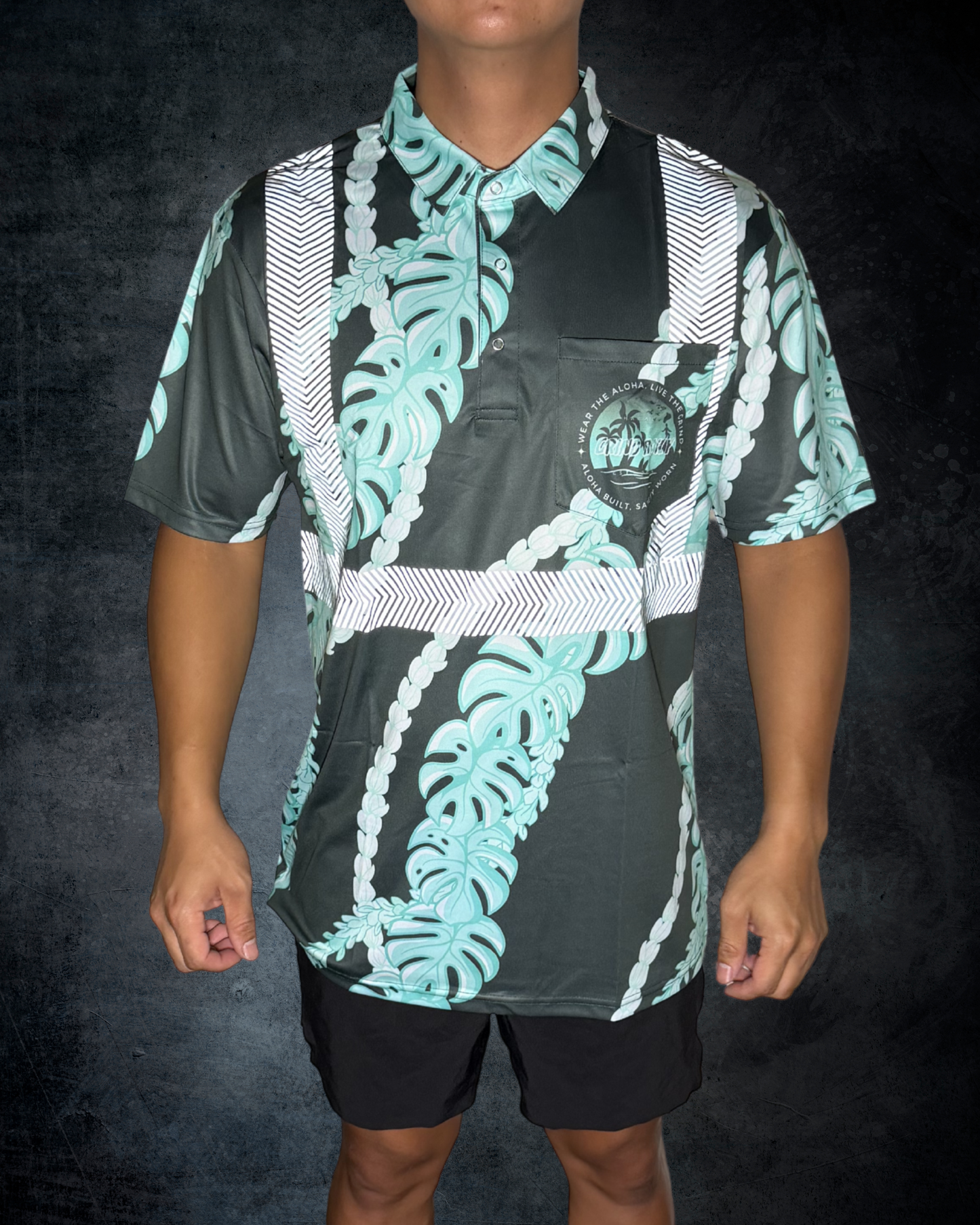 Monstera Pakalana & Pikake Lei Reflective Polo - Blue