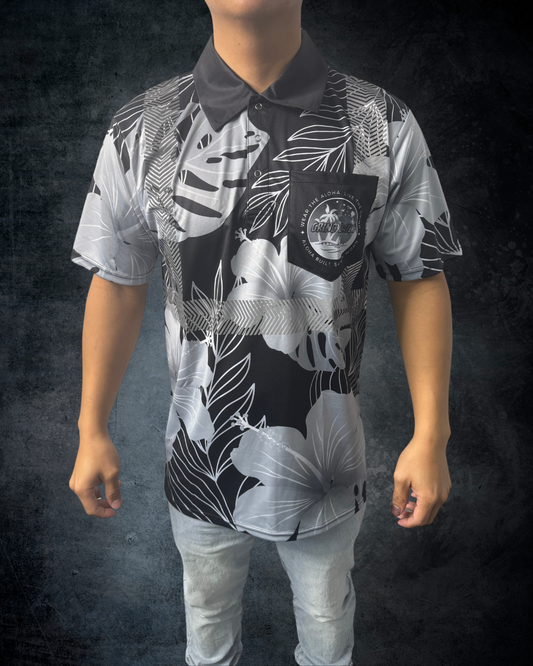 Black & Grey Hibiscus Reflective Polo
