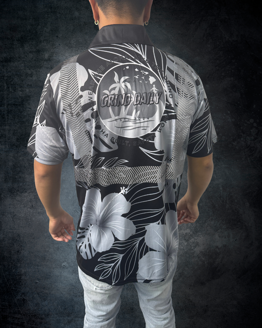 Black & Grey Hibiscus Reflective Polo
