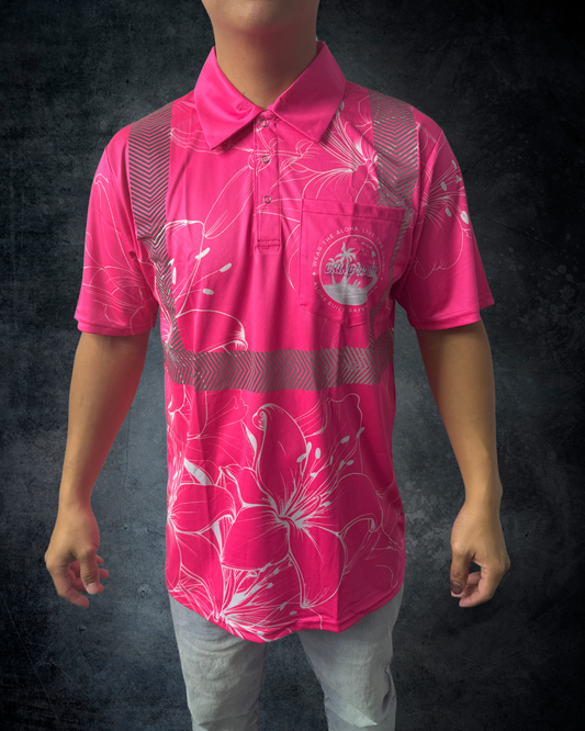 Pink & White Outline Hibiscus Reflective Polo