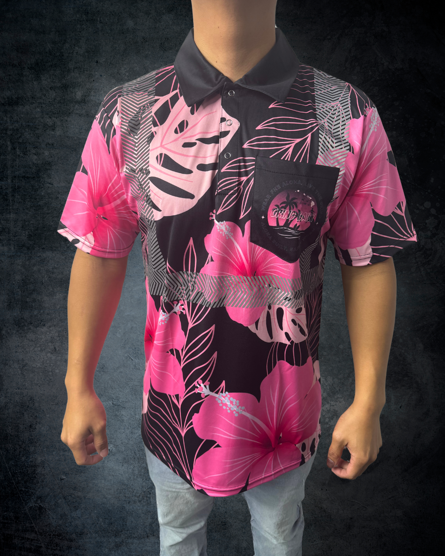 Black & Pink Hibiscus Reflective Polo