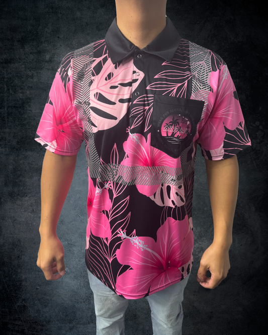 Black & Pink Hibiscus Reflective Polo