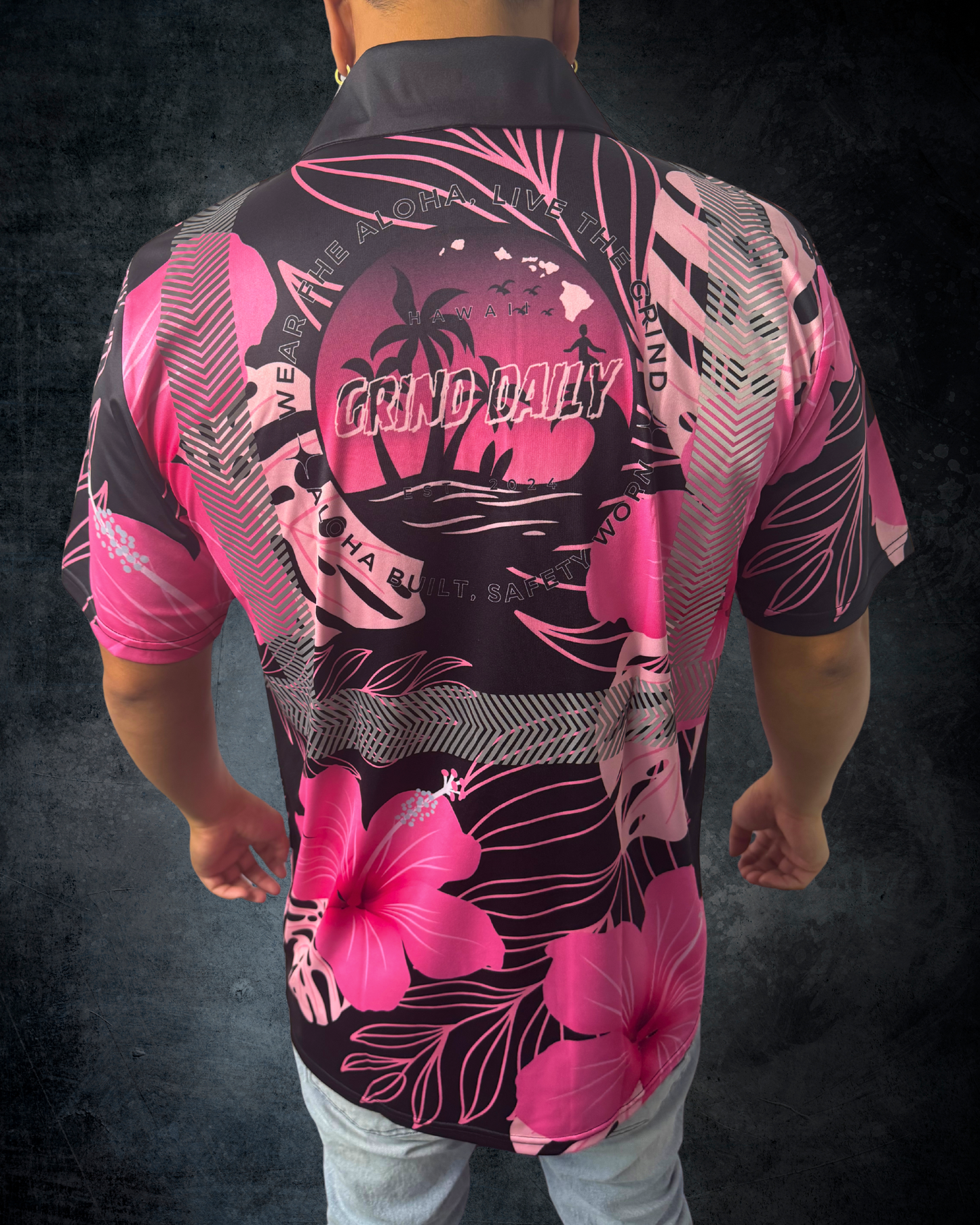 Black & Pink Hibiscus Reflective Polo