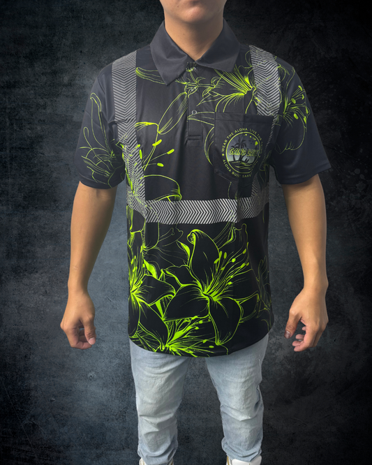 Black & Green Hibiscus Reflective Polo