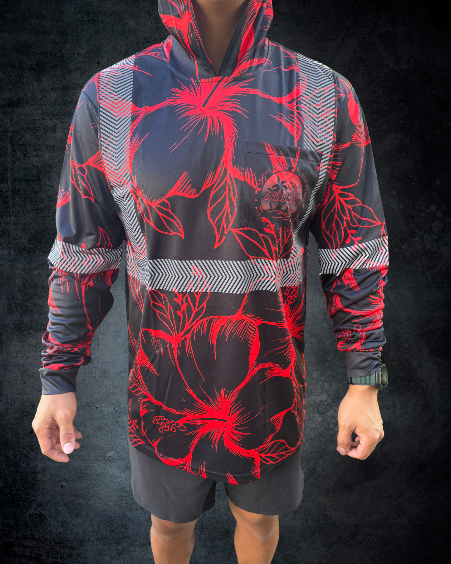 Red & Black Hibiscus Reflective Hoodie