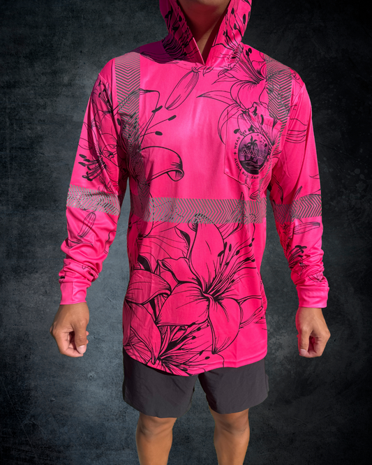 Pink & Black Hibiscus Outline Reflective Hoodie