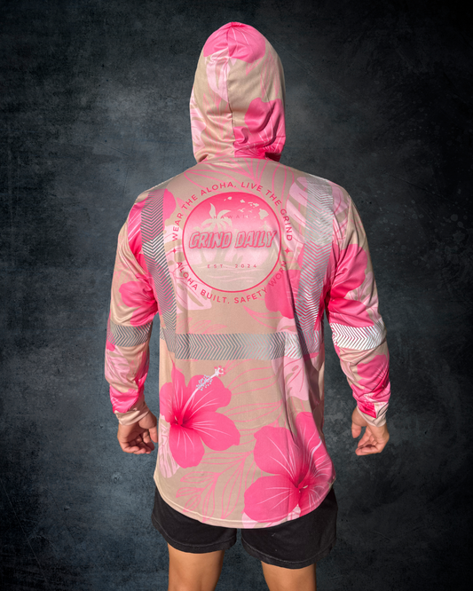 Beige & Pink Hibiscus Reflective Hoodie