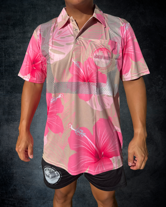 Beige & Pink Hibiscus Reflective Polo