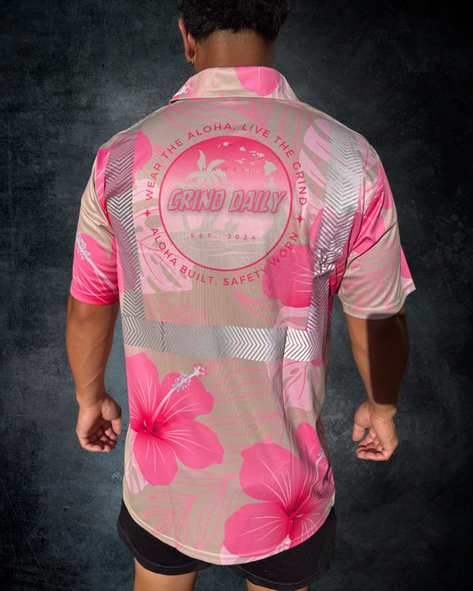 Beige & Pink Hibiscus Reflective Polo