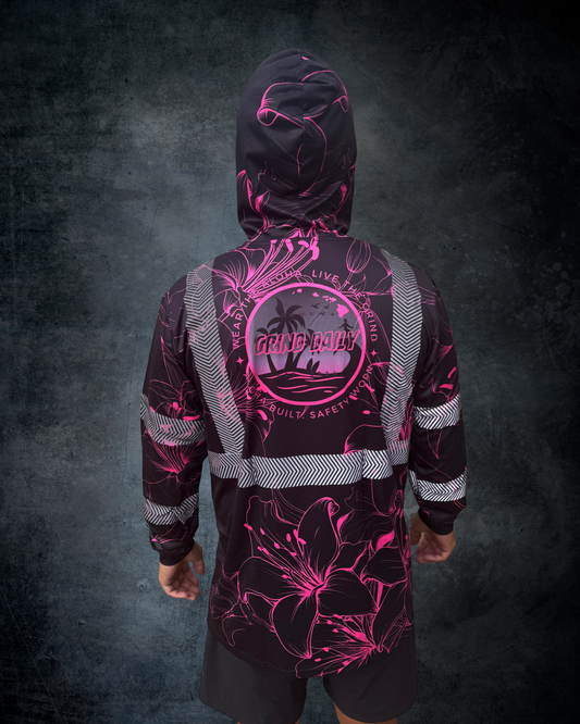 Black & Pink Hibiscus Outline Reflective Hoodie
