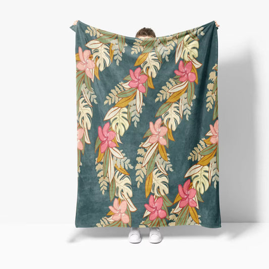Blue Maile Monstera Palapalai Plumeria Lei - Throw Blanket