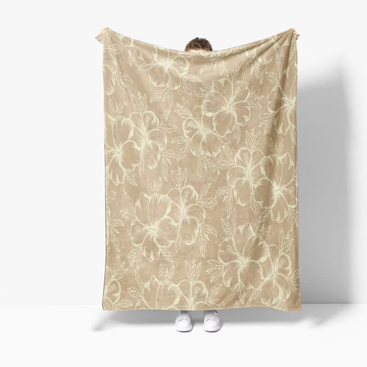 Tan & White Hibiscus Throw Blanket