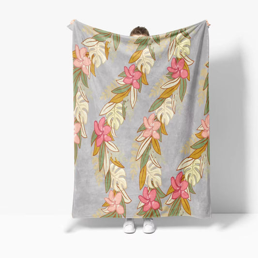 Grey Maile Monstera Palapalai Plumeria Lei - Throw Blanket