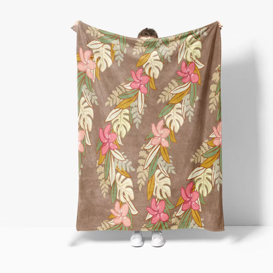 Brown Maile Monstera Palapalai Plumeria Lei - Throw Blanket