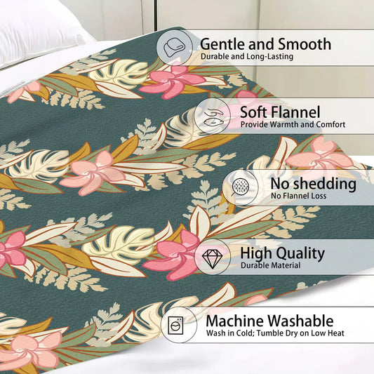 Blue Maile Monstera Palapalai Plumeria Lei - Throw Blanket