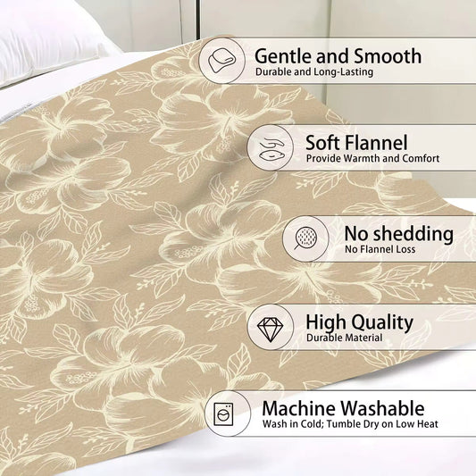 Tan & White Hibiscus Throw Blanket