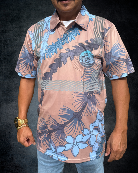 Ohia Lehua Agapanthus Pikake & Pakalana Lei Reflective Polo - Brown & Blue