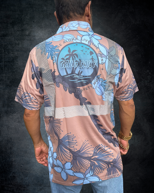 Ohia Lehua Agapanthus Pikake & Pakalana Lei Reflective Polo - Brown & Blue