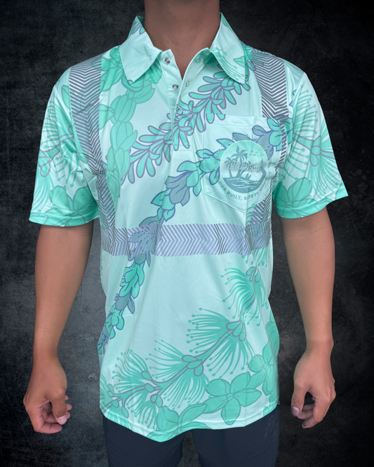 Ohia Lehua Agapanthus Pikake & Pakalana Lei Reflective Polo - Mint Green