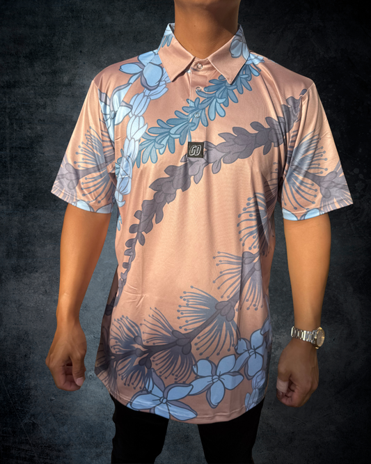 Ohia Lehua Agapanthus Pikake & Pakalana Lei Polo Shirt - Brown & Blue