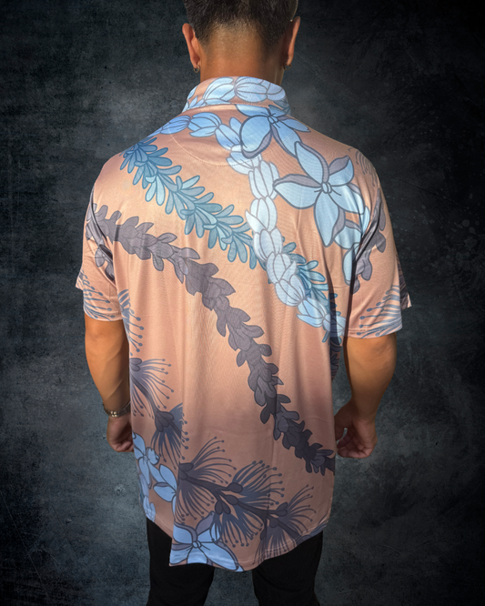 Ohia Lehua Agapanthus Pikake & Pakalana Lei Polo Shirt - Brown & Blue