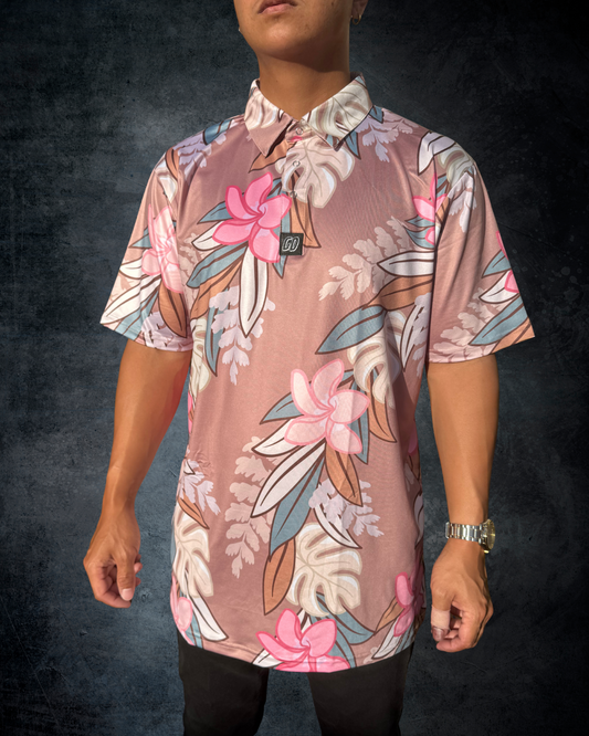 Maile Monstera Palapalai Plumeria Lei Polo Shirt - Brown