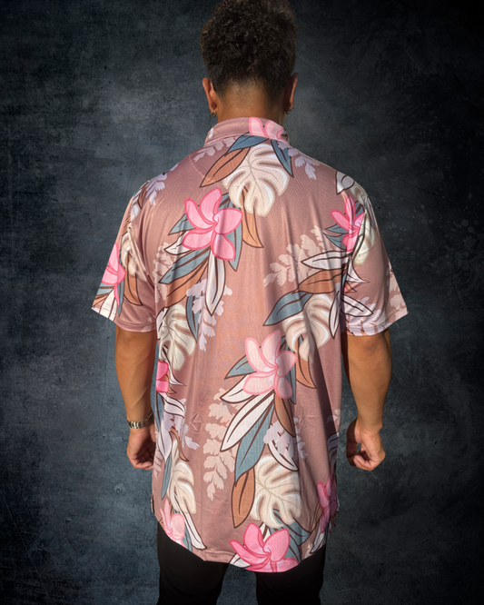 Maile Monstera Palapalai Plumeria Lei Polo Shirt - Brown