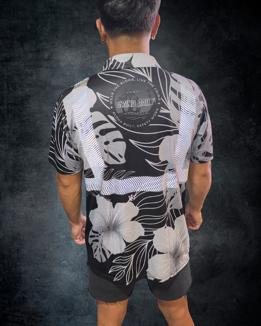 Black & Grey Hibiscus Reflective Polo