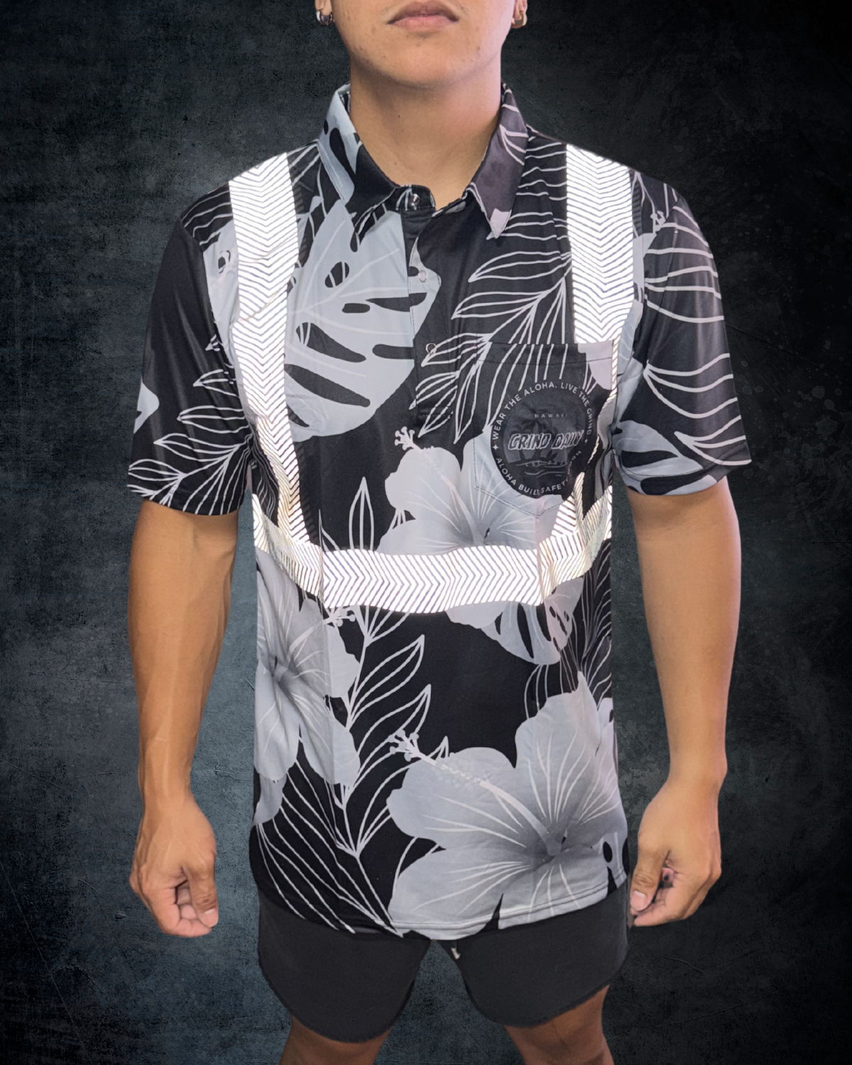 Black & Grey Hibiscus Reflective Polo