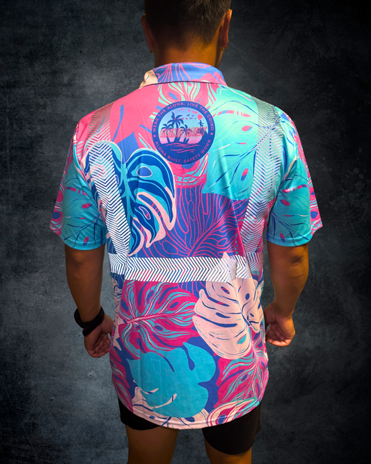 Blue & Pink Monstera Reflective Polo