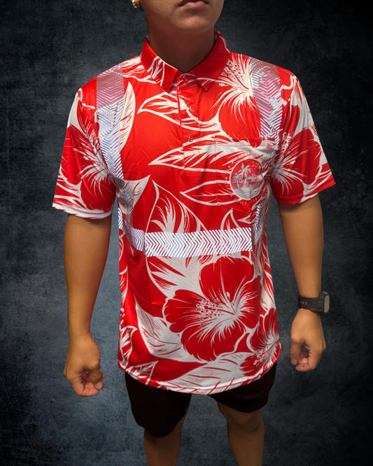 Red & White Hibiscus Reflective Polo