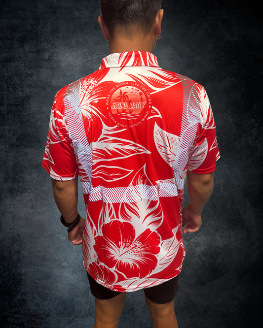 Red & White Hibiscus Reflective Polo
